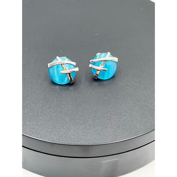 DOBBS 925 PE Sterling Silver Blue Stone Cabochon Pierced Earrings Vintage 5/8" - Picture 9 of 16